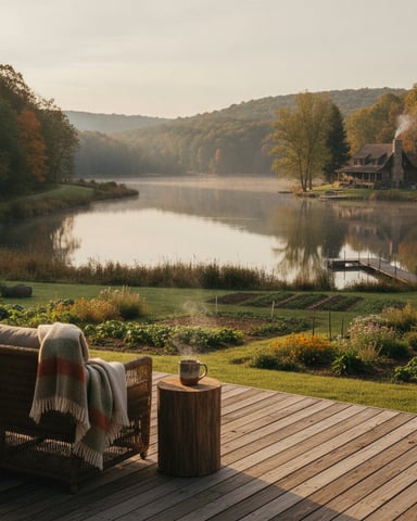 Wooden deck with chair and blanket overlooking autumn river valley with house and forested hills